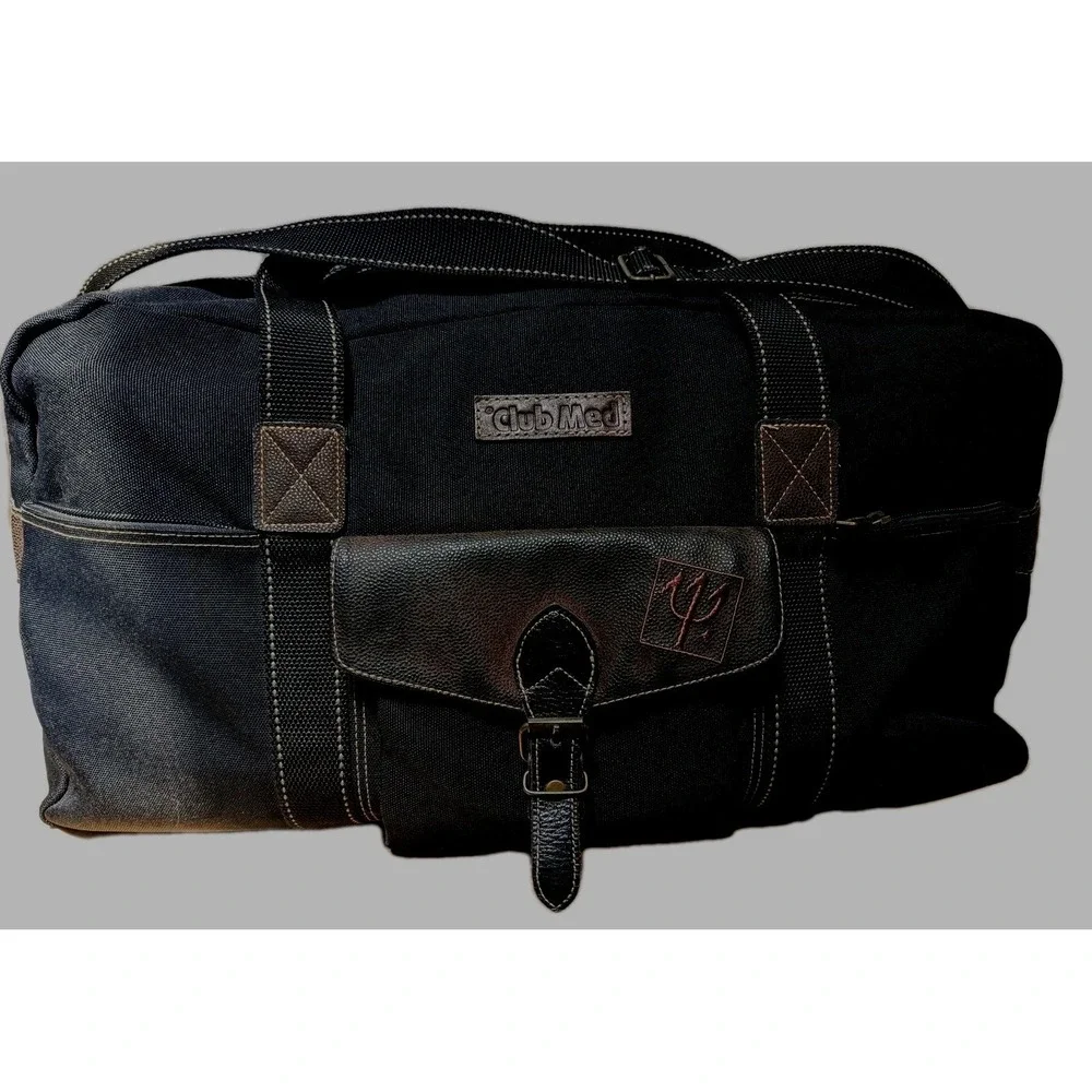 Vintage Club Med Duffel Bag Canvas Leather Trim Weekender Gym Travel